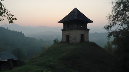Fototapeta premium Serene Sunrise Over Hilltop Stone Watchtower