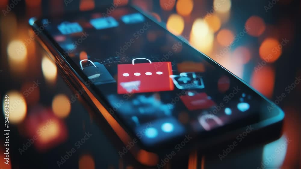 Poster online shopping interface with animated icons is displayed on a smartphone screen, set against a blu
