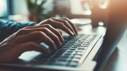 Focused hands typing on laptop keyboard in sunlit workspace