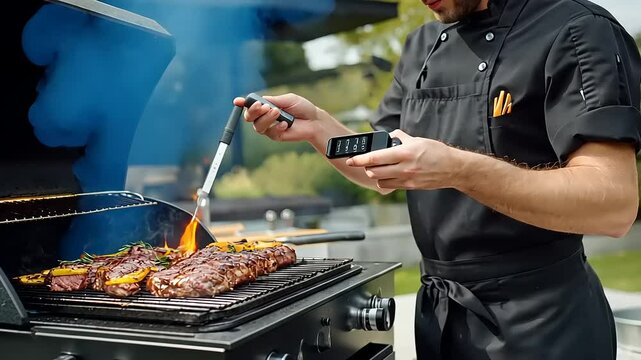 Chef grilling marinated steaks and vegetables outdoors, checking temperature with a digital probe, sunny day