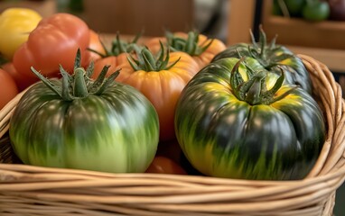 Vibrant Green and Orange Heirloom Tomatoes in Basket