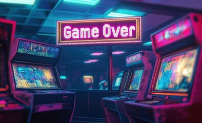 Neon game over sign hanging above arcade games in an empty amusement arcade