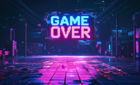 Glowing game over sign illuminating deserted cyberpunk street