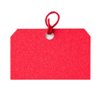 Rectangular red tag with twine loop for retail branding, cut out