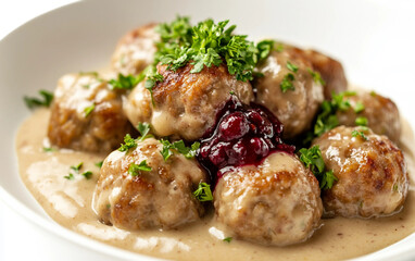 Fototapeta premium Delicious Swedish meatballs smothered in rich gravy served with lingonberry sauce and potatoes Isolated on transparent background PNG