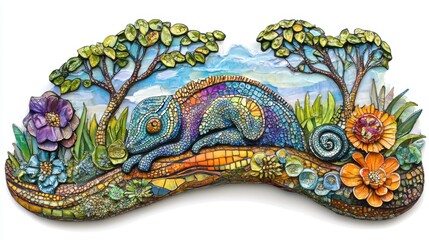 Fototapeta premium Colorful Chameleon Mosaic Art Piece