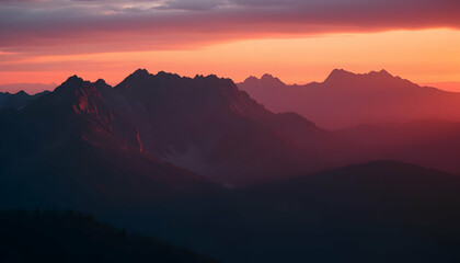 Obraz premium Majestic Mountain Range Silhouette at Sunrise Dramatic Colors Peaceful Landscape Breathtaking View Nature Photography