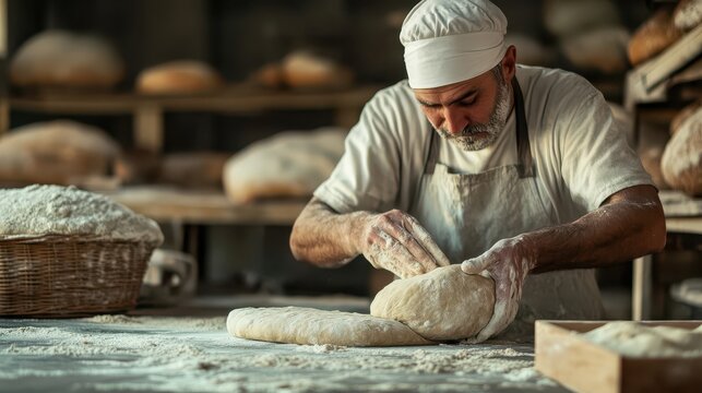 A baker wearing a white hat and apron kneading dough