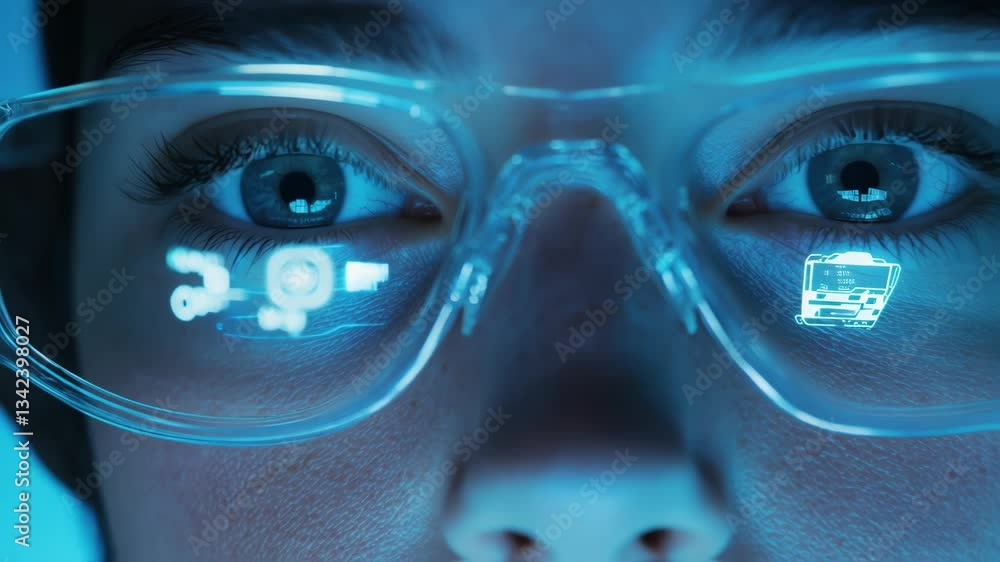 Poster close up of scientist's eyes wearing transparent futuristic glasses reflecting holographic data and 