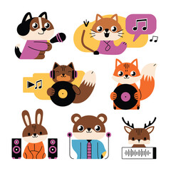 Fototapeta premium 2d vector illustration icon cool entertainment cartoon character music tools (Drum , Music Note , Headphones ,Microphone , Piano , Guitar ,Record) 