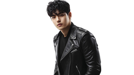Obraz premium Stylish Individual in Leather Jacket Against a Dark Background