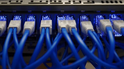 Network Switch with Glowing Blue Fiber Optic Cables Data Center Technology