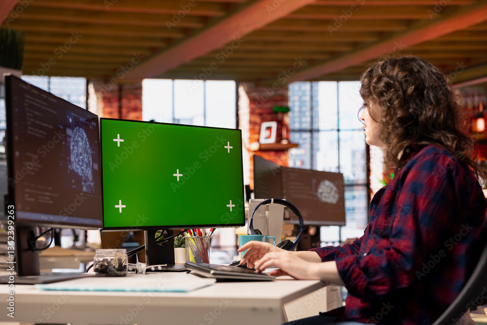 Poster computer scientist using isolated screen pc working with artificial intelligence technology in tech 