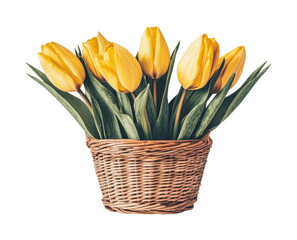 Vibrant yellow tulips in a wicker basket arrangement, cut out