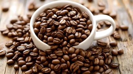 Fototapeta premium Roasted Coffee Beans in White Cup on Wood
