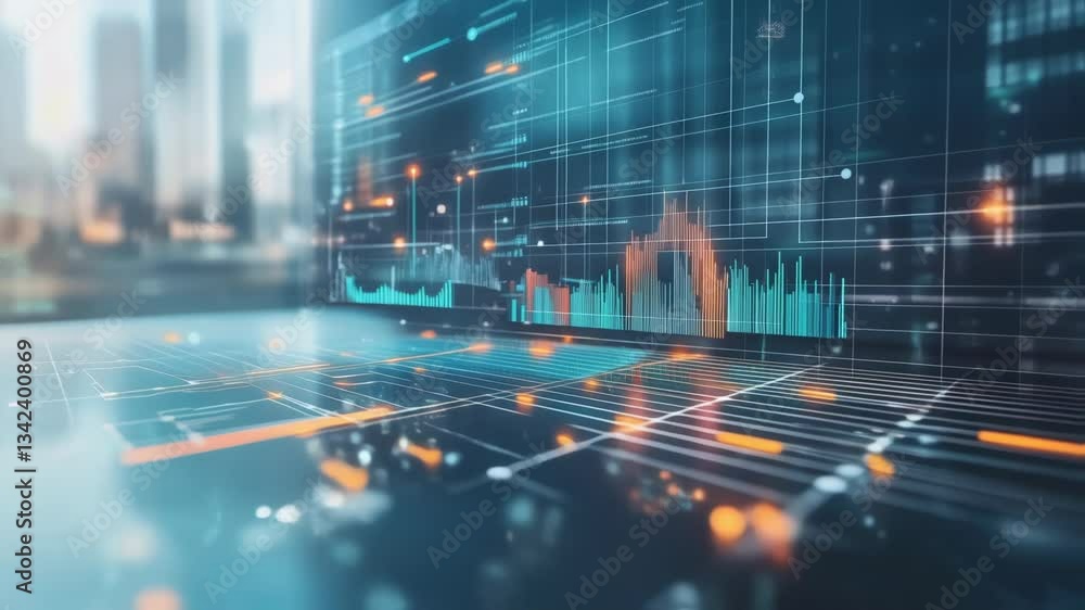 Poster complex financial data streams across a futuristic holographic interface, creating a dynamic visuali