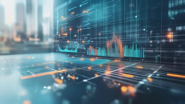Complex financial data streams across a futuristic holographic interface, creating a dynamic visualization of market trends and investment performance against the backdrop of a blurred cityscape - Powered by Adobe