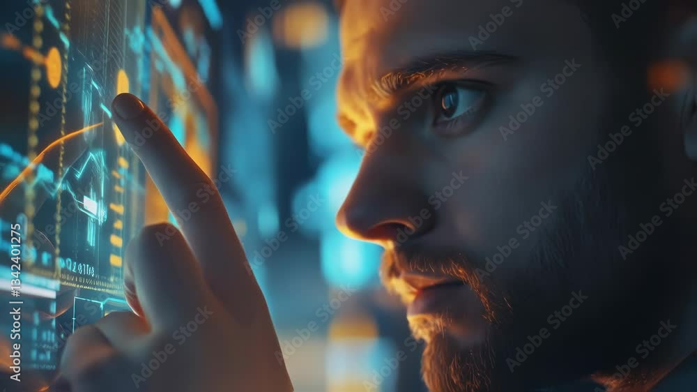 Poster focused software developer analyzing holographic futuristic augmented reality big data on a transpar