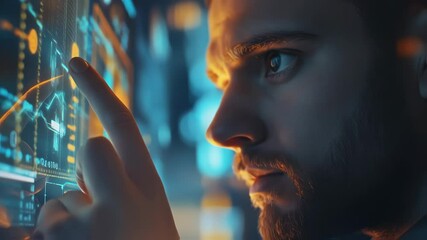 Focused software developer analyzing holographic futuristic augmented reality big data on a transparent touchscreen display in a dark server room - Powered by Adobe