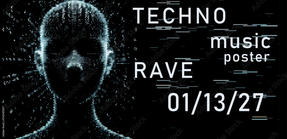 Poster techno rave poster featuring a pixel-art silhouette of a face against a black background, creating a