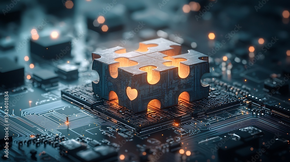 Poster interconnected puzzle pieces on a circuit board