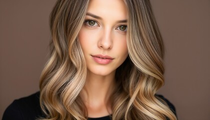 Fototapeta premium A beautifully composed portrait showcasing a young woman with softly curled blonde hair, emphasizing elegance and natural beauty. The lighting and neutral background highlight her facial features