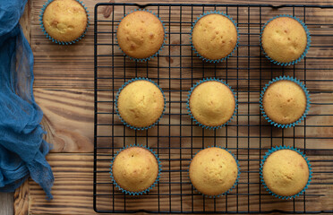 homemade Freshly baked vanilla muffins in a muffin tin just pulled out of the oven. Stacks of sweet muffins and cupcakes with delicious sweet flavors. High quality photo