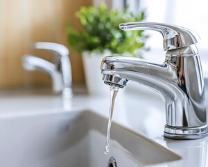 Closeup of Modern Chrome Faucet with Running Water in Bathroom Sink