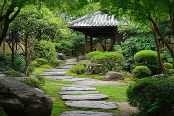 Obraz premium A peaceful japanese garden scene with a covered pathway