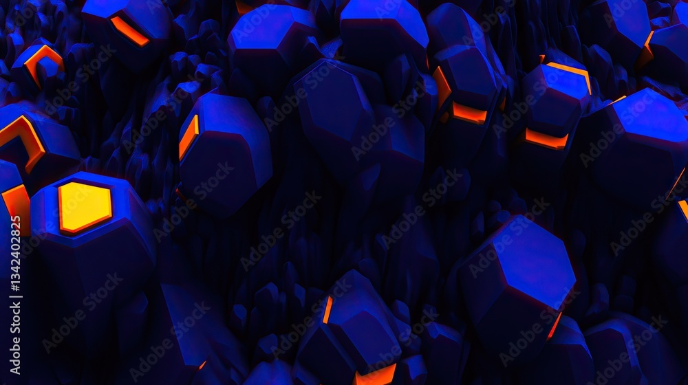 Wall mural glowing geometric shapes in dark abyss, abstract polygonal stone blocks with light, background