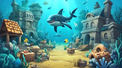 Obraz premium Underwater city with shark, fantasy scene