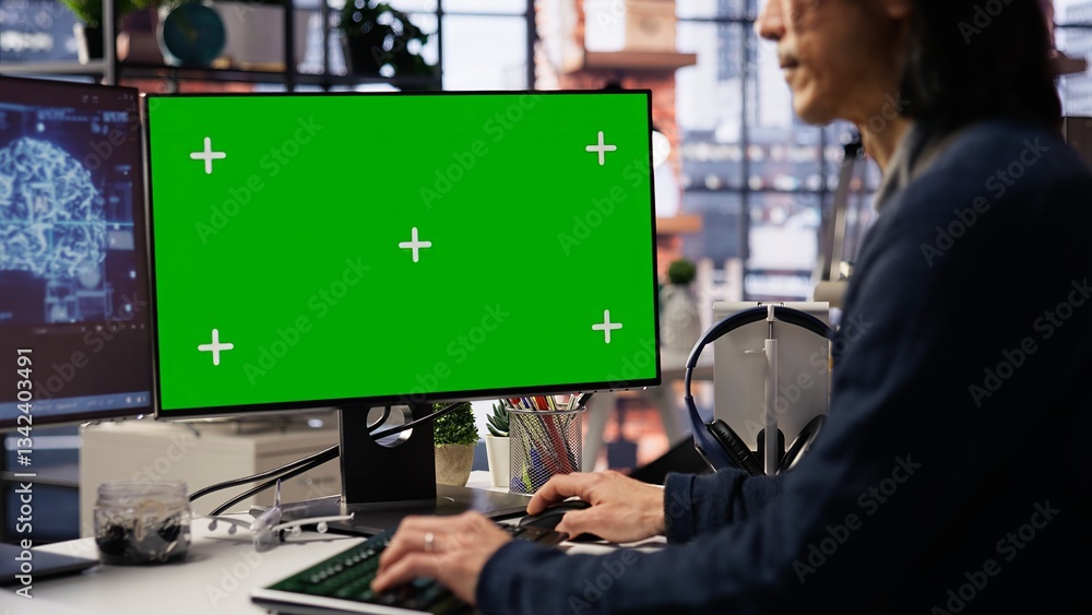 Poster ai startup office chief technology officer building application on isolated screen computer. senior 