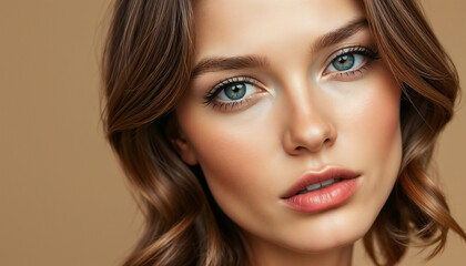 Close-up portrait of a young woman with green eyes and short brown hair in soft natural lighting.

