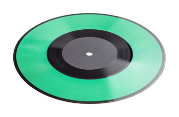 Green vinyl record with black center label on white background, cut out