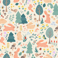 Forest pattern with bunnies, birds, flowers, mushrooms and trees on beige background. Summer, spring animal children's seamless print. Cute hand drawn textile design for kids