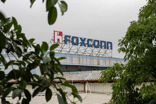 Shenzhen, Guangdong, China - Apr 8, 2024: Foxconn sign is seen at the company's Longhua factory in Shenzhen, China. Foxconn is a multinational electronics contract manufacturer.