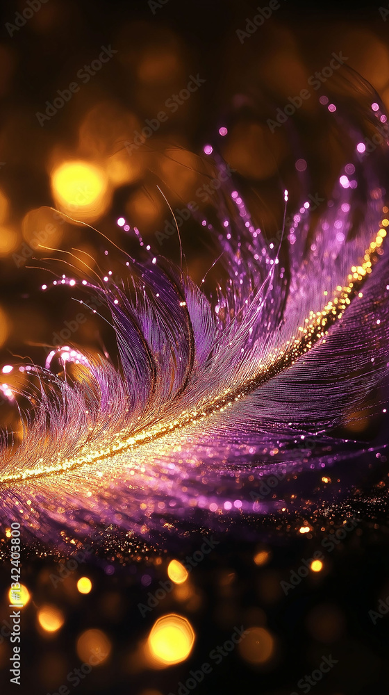 Poster abstract background of a feather with gold and purple colors. the feather is in the center of the im