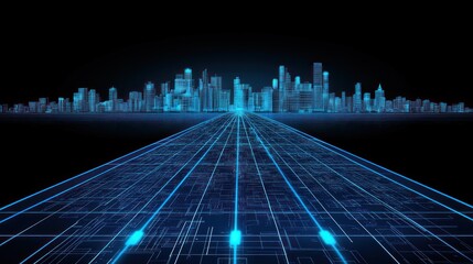 Futuristic digital path leading to city skyline