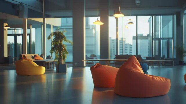 Soft beanbag chairs resting near expansive windows, bathing in warm sunrise light inside contemporary coworking space with peaceful urban environment and minimalist interior design