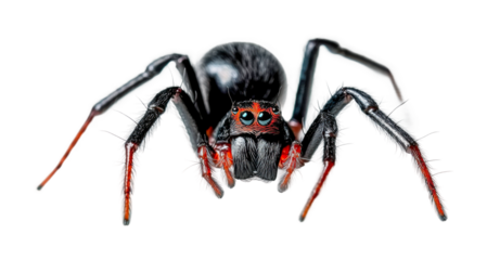 Detailed close-up of a red-knee tarantula in defensive pose, cut out