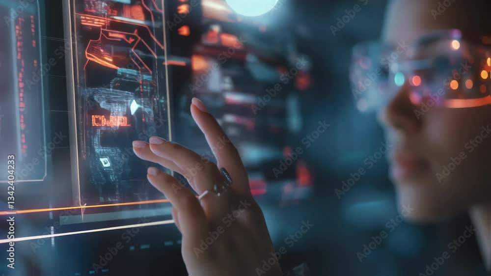 Poster professional software developer wearing smart glasses is working on a futuristic transparent display