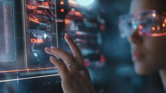 Professional software developer wearing smart glasses is working on a futuristic transparent display, touching virtual icons and browsing holographic data in a dark room