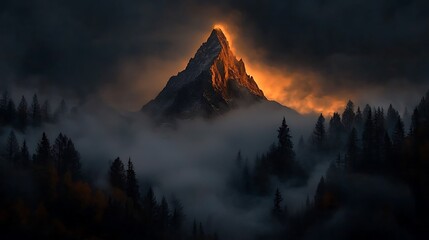 Majestic Mountain Peak in Mist Dramatic Landscape