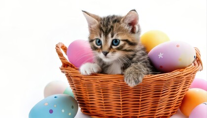 A playful kitten peeks out from a colorful basket filled with decorated eggs, creating a cheerful and festive scene.