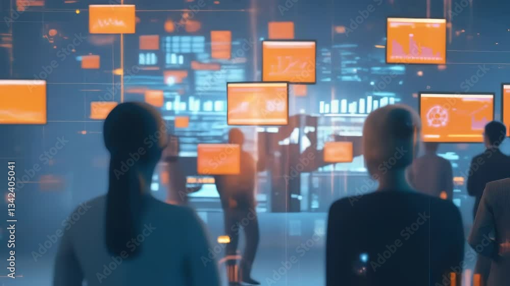 Poster business professionals examine floating digital screens displaying stock market data and analytics. 