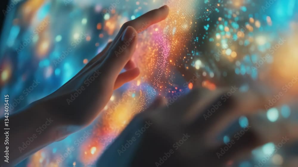 Poster woman engineer manipulating colorful particles on a futuristic digital interface, exploring new tech