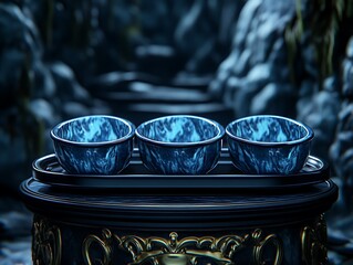 Fototapeta premium Three elegant teal bowls on ornate stand for nature backdrop.