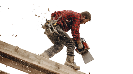Worker using a chainsaw on a wooden beam