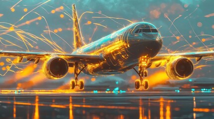 Futuristic Airplane Landing, Night Airport, Abstract Energy Trails