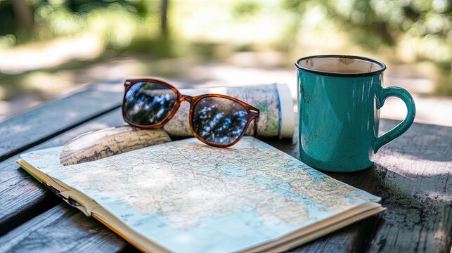 Travel essentials map sunglasses and coffee on a rustic table in nature